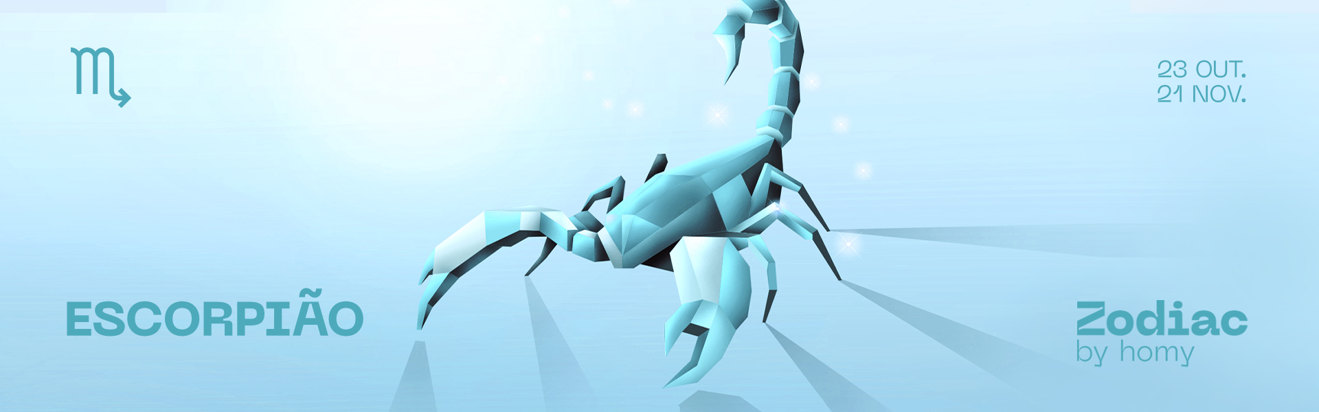 Imagem digital do signo Escorpião com textos e símbolo em azul e verde