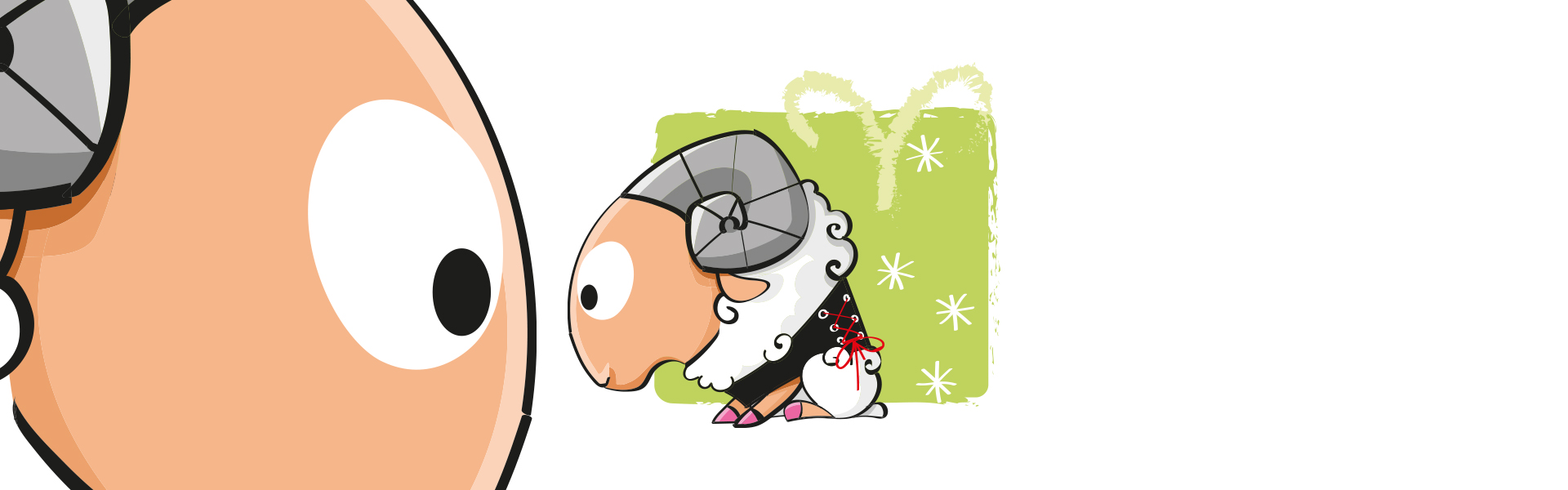 Duas ovelhas de desenho animado com chifres, fundo verde com flocos de neve