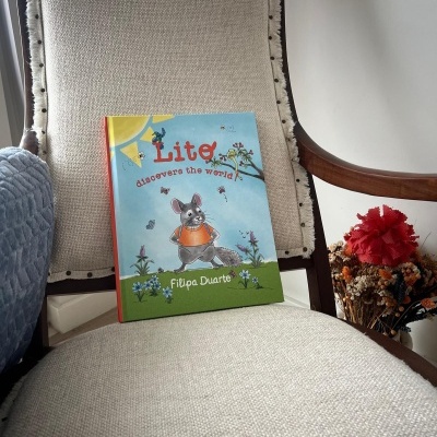 Livro infantil 'Lite discovers the world' no cadeirão estofado bege, com flores secas ao lado