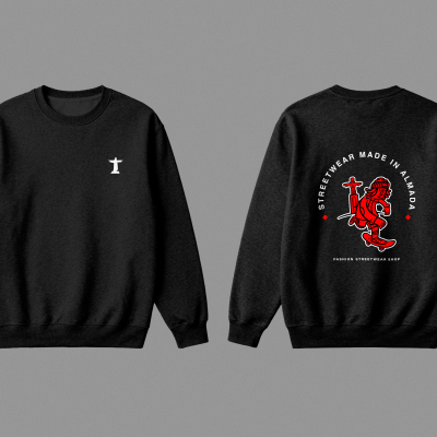 Sweatshirt preta com estampados brancos e vermelhos, frente e costas visíveis com textos e ilustração de personagem a andar de skate.