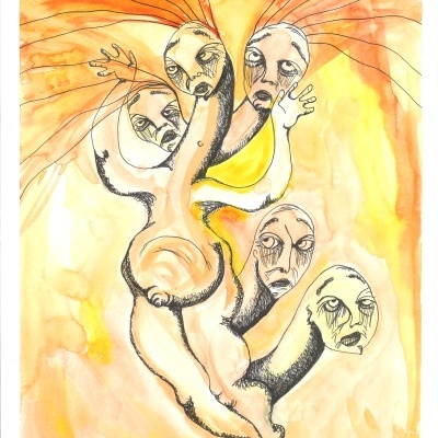 Ilustração surreal em aquarela de figura humana com múltiplas cabeças e braços em tons amarelos e laranja