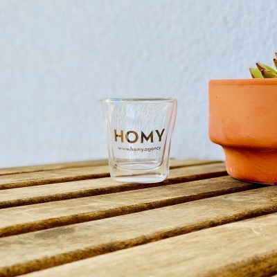 Copo de vidro com texto HOMY ao lado de vaso de cerâmica com planta suculenta numa mesa de madeira