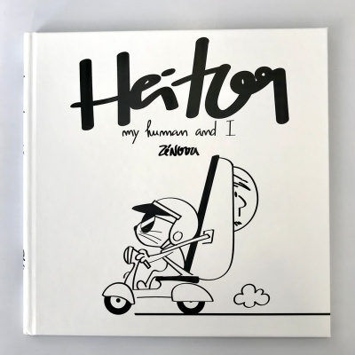 Capa de livro branco com título e ilustração preta de gato numa scooter e rosto humano triste