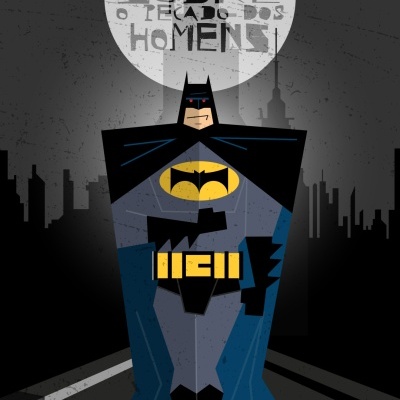 Ilustração estilizada do Batman com texto na lua cheia em fundo urbano escuro