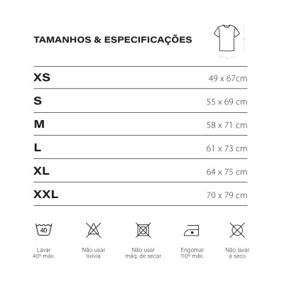Tabela de tamanhos e especificações para camisetas com instruções de lavagem