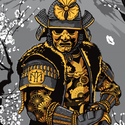 Ilustração digital de um samurai em armadura preta e dourada com máscara e capacete decorado.