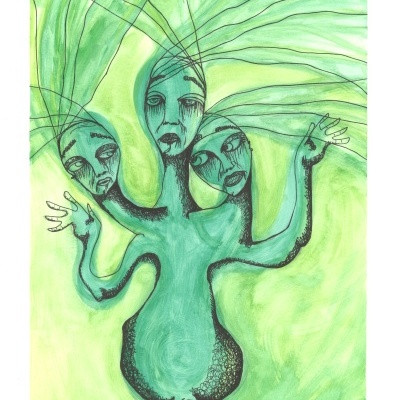 Pintura de figura humana com três cabeças num fundo verde assinada 'Manu Luis 23'.