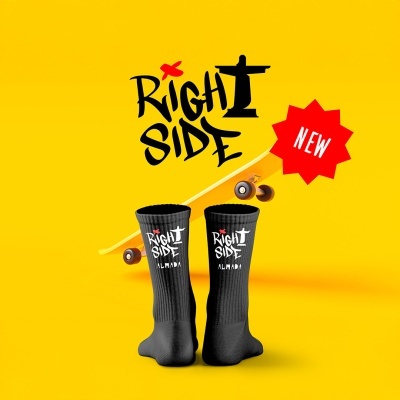 Meias pretas com texto Right Side Almada, atrás, e skate amarelo em fundo amarelo.