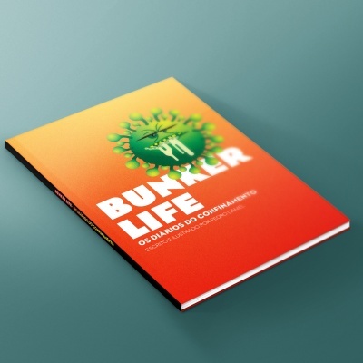 Livro Bunker Life com capa cor degradê laranja e vermelho, imagem de vírus verde, sobre superfície azul