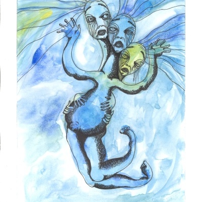 Desenho artístico em aguarela com três figuras humanas entrelaçadas em tons de azul e amarelo