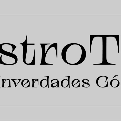 Cartão cinzento com texto AstroTalks, Inverdades Cósmicas, AQUARIUS, e um cavalo preto decorativo