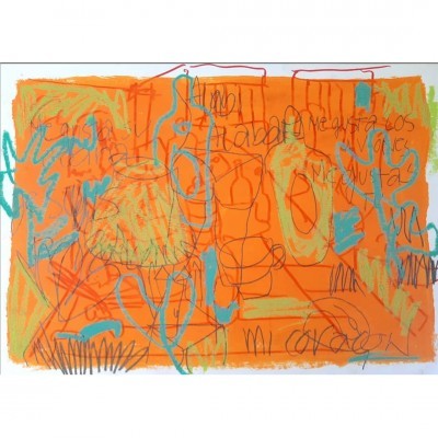 Pintura abstrata com formas e traços em laranja, azul e bege sobre fundo laranja