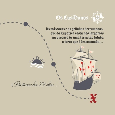 Ilustração de navio histórico com texto em português e linha pontilhada mostrando rota