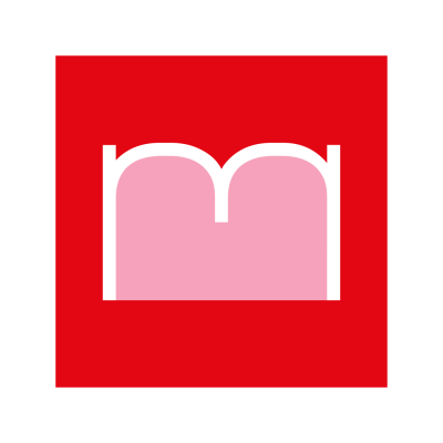 Logótipo com fundo vermelho e símbolo 'm' branco e rosa claro