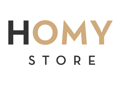 Logótipo com texto 'HOMY STORE' em preto e castanho sobre fundo branco