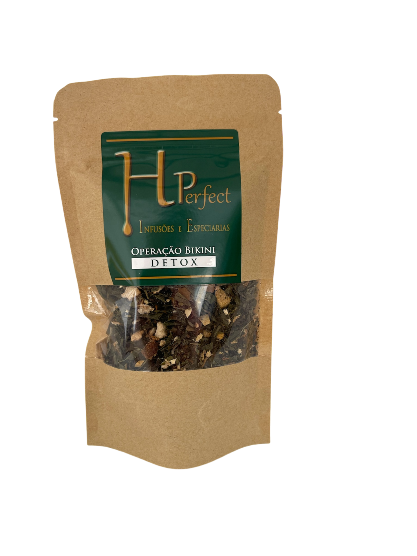 Pacote de chá detox HP Perfect em saco de papel castanho com janela e etiqueta verde