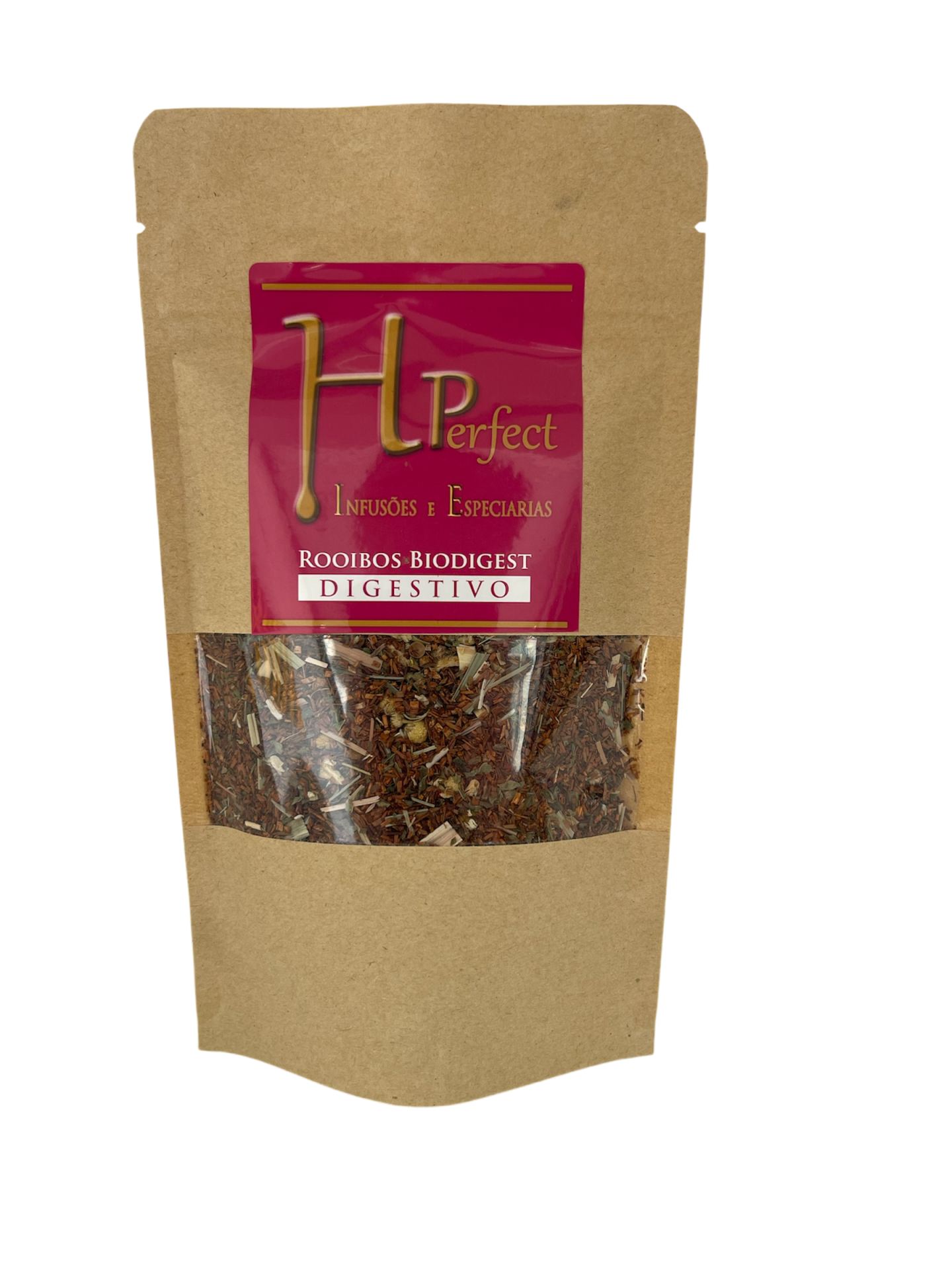 Embalagem de chá Rooibos Biodigest Digestivo HPERfect em saco de papel kraft com etiqueta vermelha