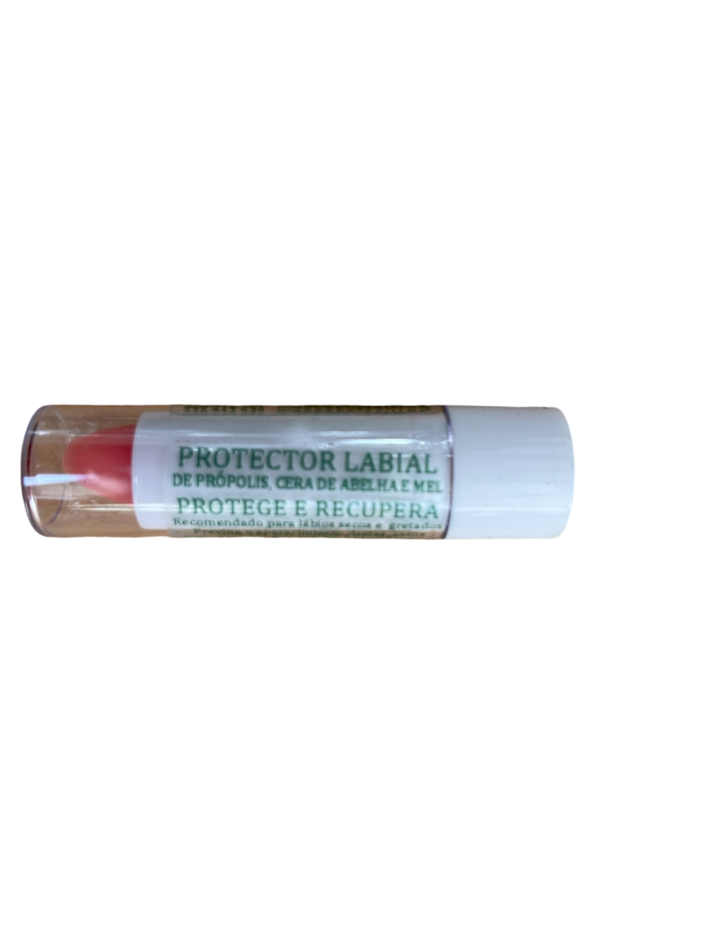 Protetor labial em bastão branco com tampa transparente e rótulo verde