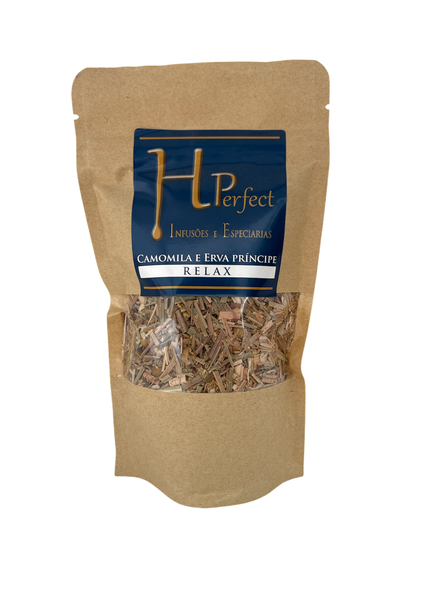 Pacote de chá de ervas com rótulo azul e mistura de ervas visível