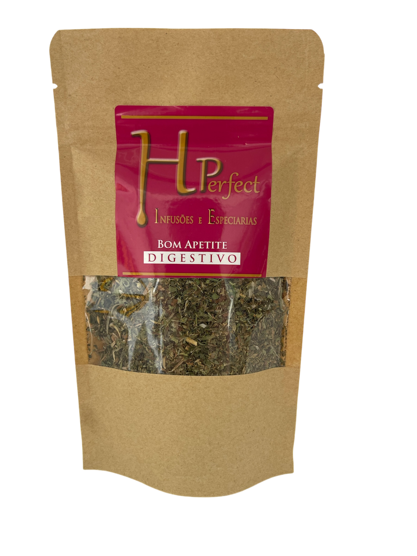 Pacote de ervas secas com rótulo vermelho e texto HPefect Bom Apetite Digestivo