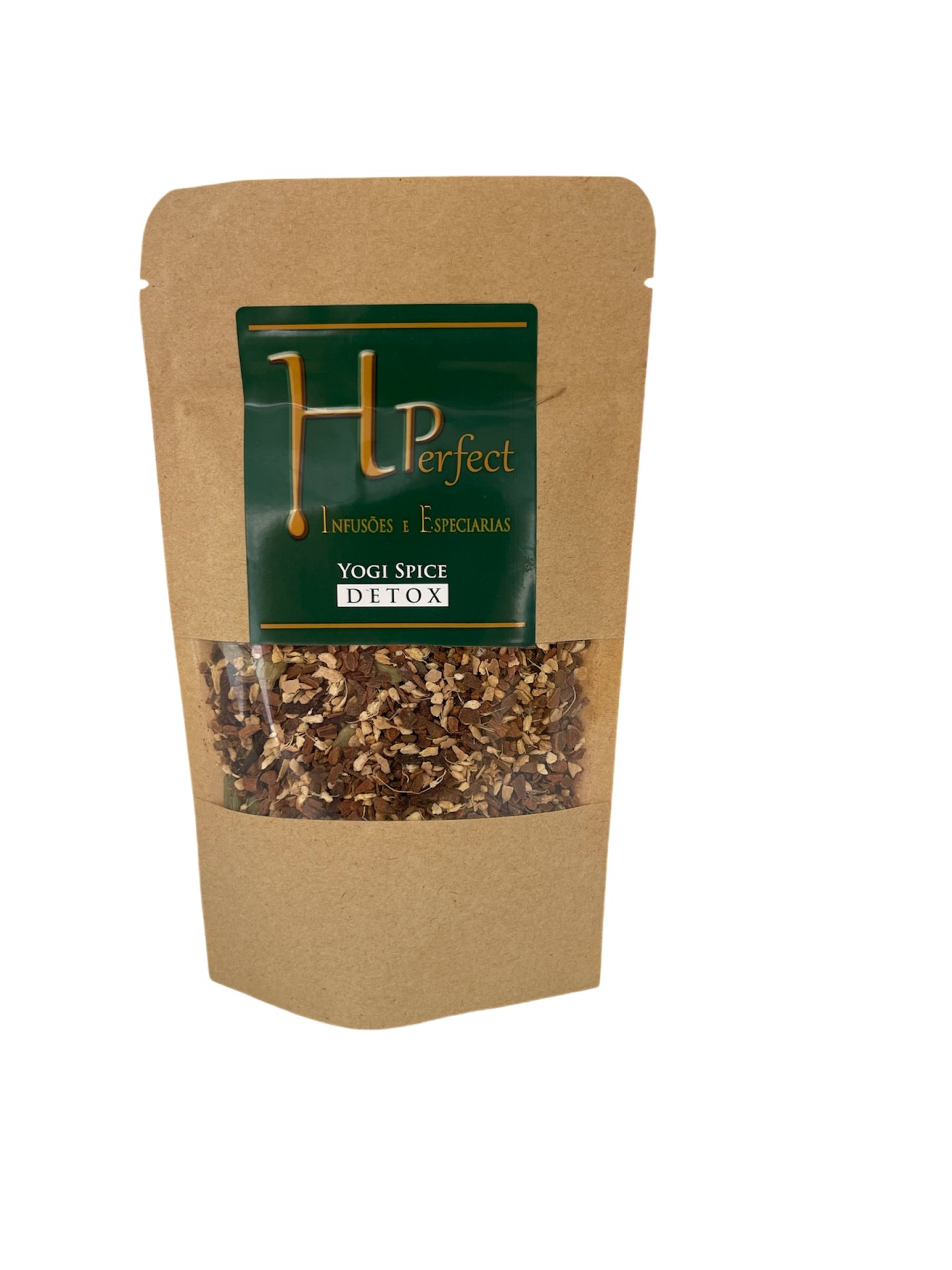 Pacote de especiarias Yogi Spice Detox em embalagem de papel castanho com etiqueta verde