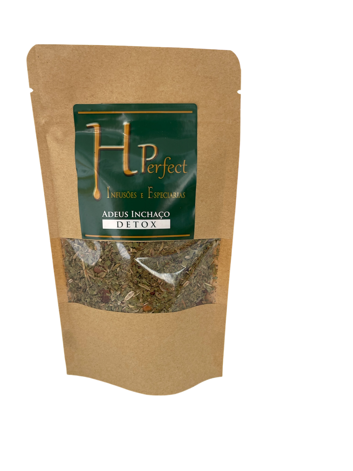 Pacote de chá detox HPERFECT em saco de papel com janela transparente