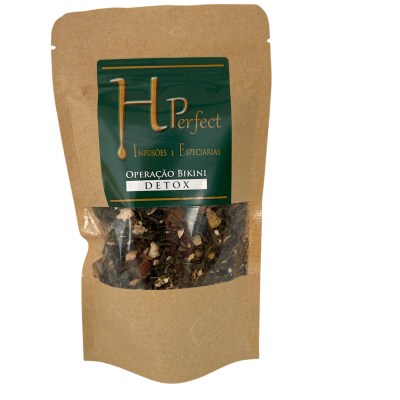 Pacote de chá detox HP Perfect em saco de papel castanho com janela e etiqueta verde