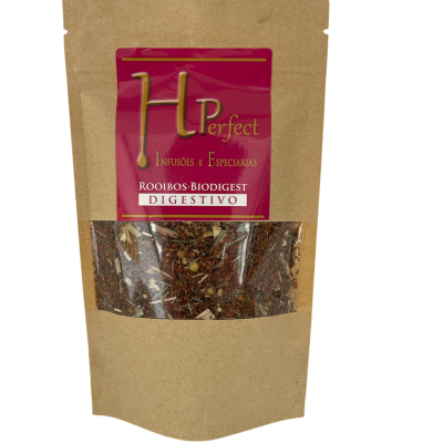 Embalagem de chá Rooibos Biodigest Digestivo HPERfect em saco de papel kraft com etiqueta vermelha