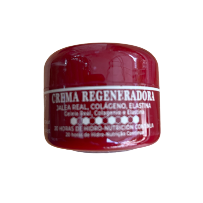 Frasco vermelho de creme regenerador com texto em português e espanhol