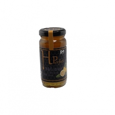 Frasco de mel cítrico HP Perfect com etiqueta preta e limão