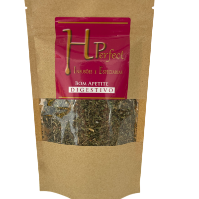Pacote de ervas secas com rótulo vermelho e texto HPefect Bom Apetite Digestivo