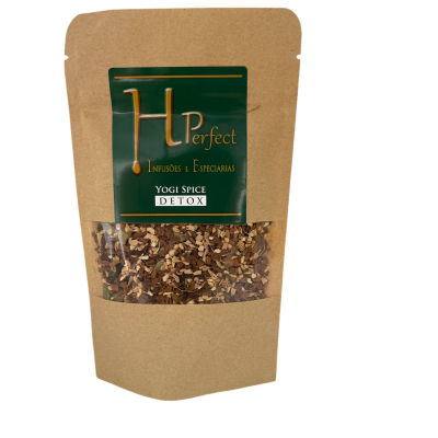 Pacote de especiarias Yogi Spice Detox em embalagem de papel castanho com etiqueta verde