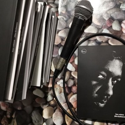 Microfone preto com cabo, livros com capas pretas e cartão com rosto masculino sobre pedras decorativas.