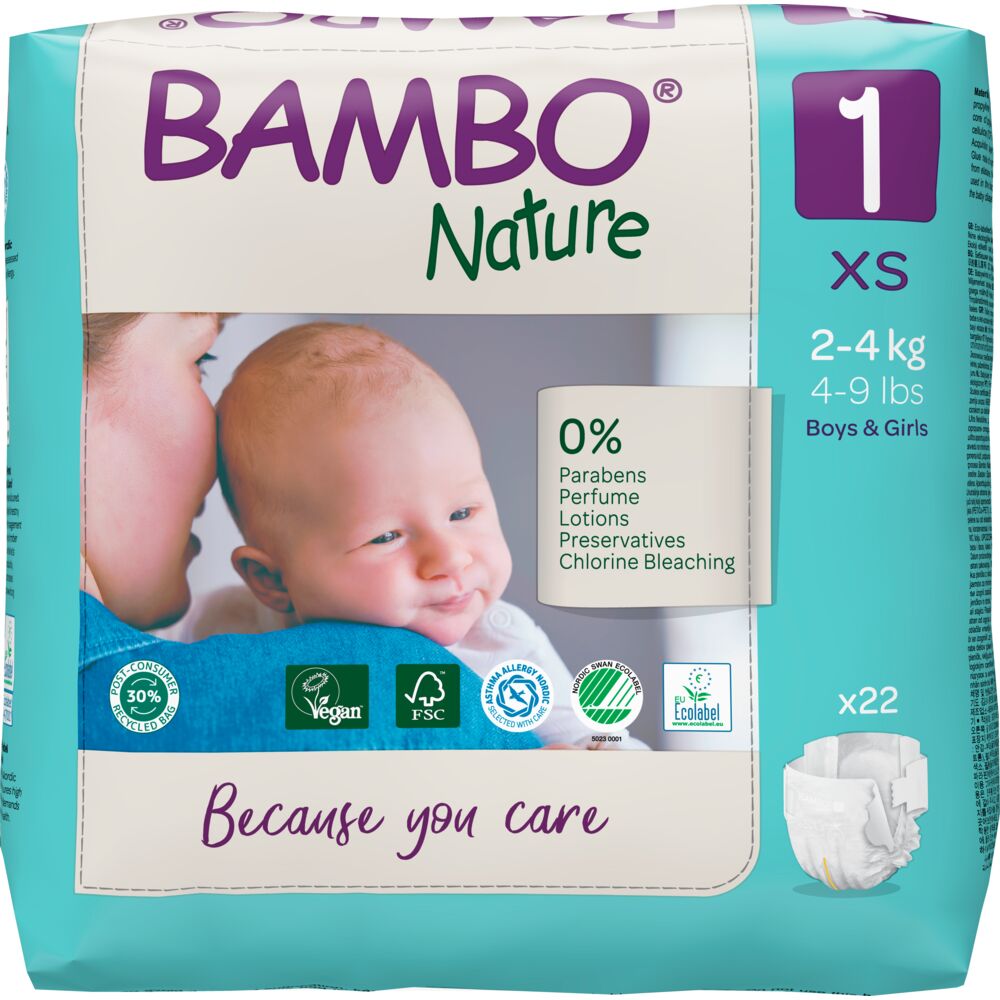 Bambo Nature Fraldas T1 Pacote de fraldas Bambo Nature tamanho 1 XS azul e branco com imagem de bebé