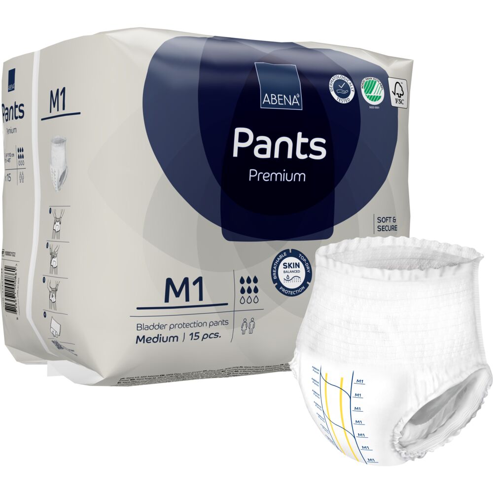 Abena Pants tamanho M1 Fralda para adultos Abena Pants Premium tamanho Médio com 15 peças, branco com marcações coloridas