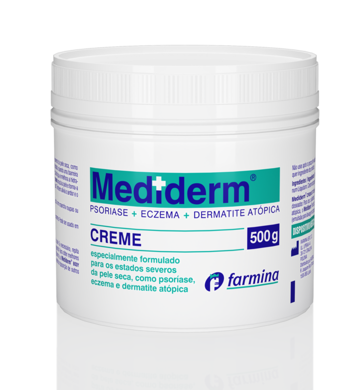 Mediderm® CREME Frasco branco de creme Mediderm para psoríase, eczema e dermatite atópica.