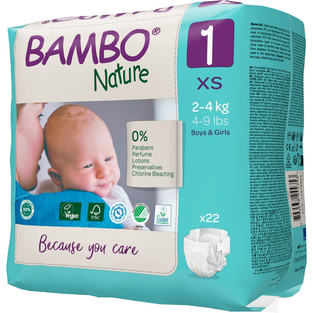 Bambo Nature Fraldas T1 Embalagem azul e creme de fraldas Bambo Nature com imagem de bebé e texto informativo