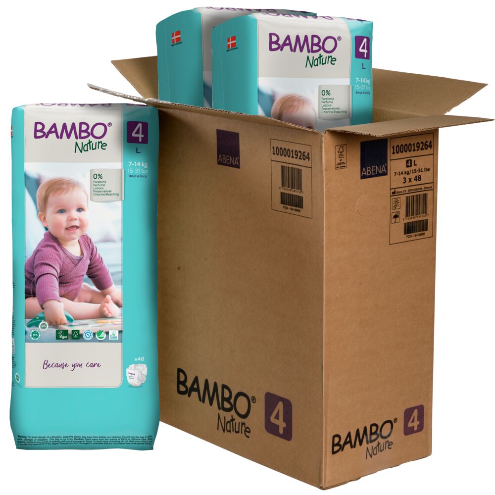 Bambo Nature Fraldas T4 Caixa aberta com fraldas BAMBO Nature tamanho 4 e embalagem verde-água com imagem de bebé