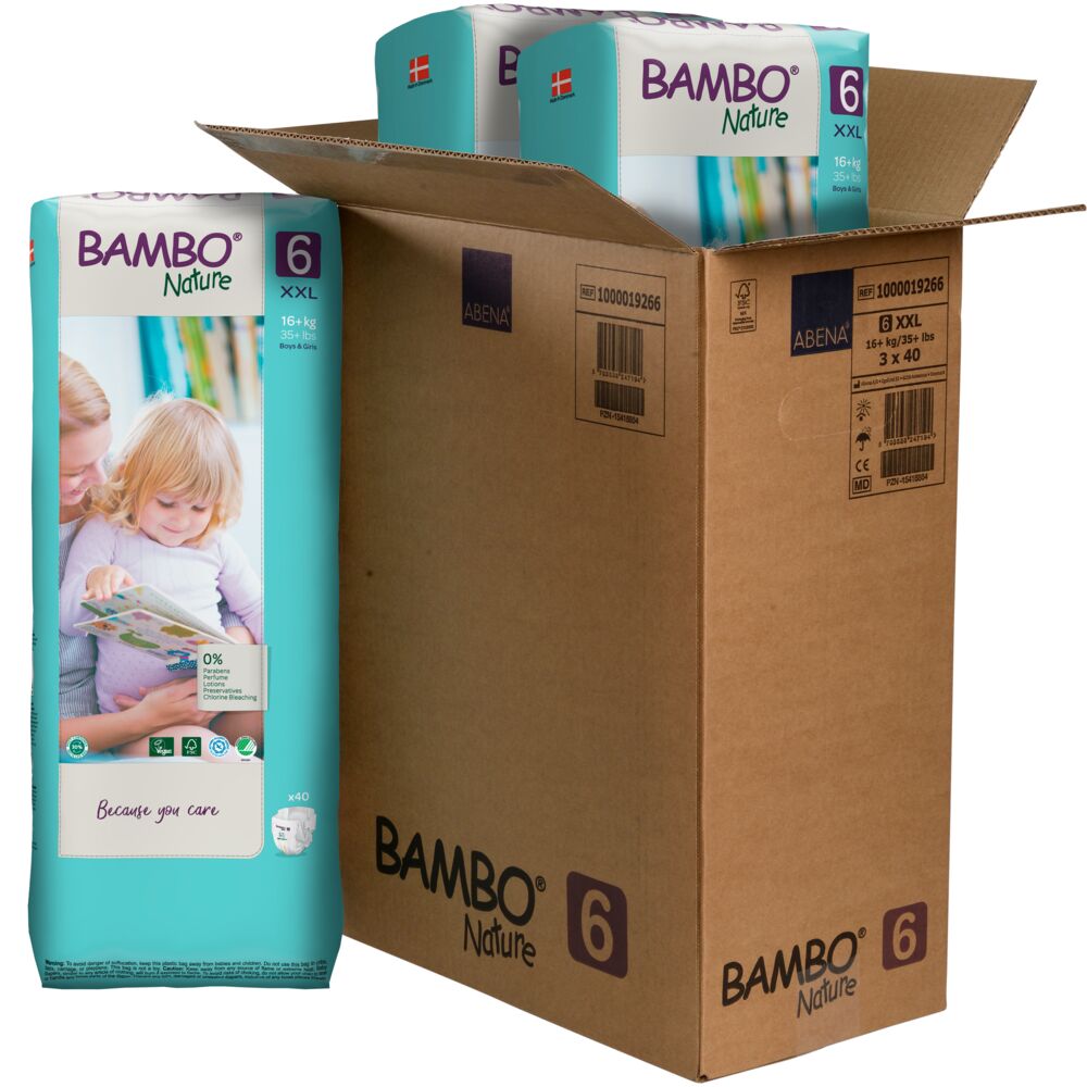 Bambo Nature Fraldas T5 Fraldas Bambo Nature tamanho 6 XXL com embalagem azul e branca e caixa de cartão