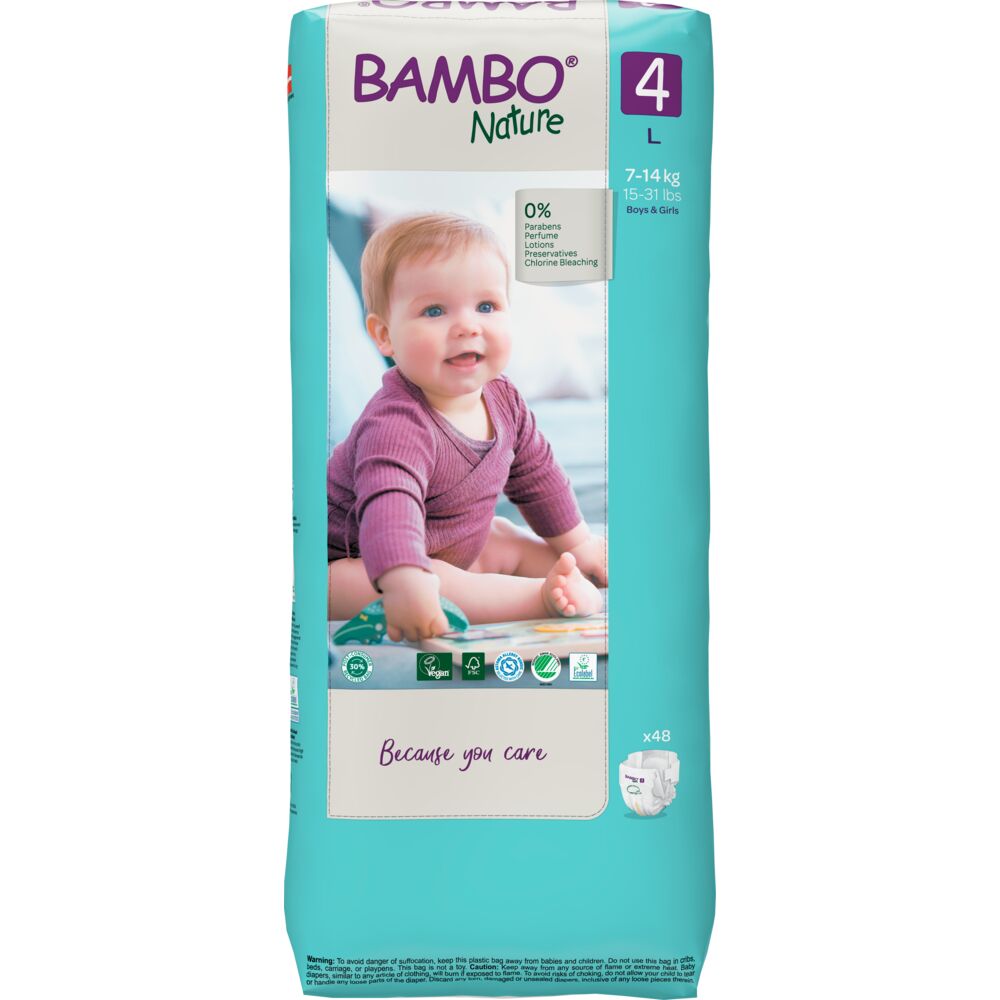 Bambo Nature Fraldas T4 Pacote de fraldas azul com imagem de bebé sentado e texto Bambo Nature 4 L