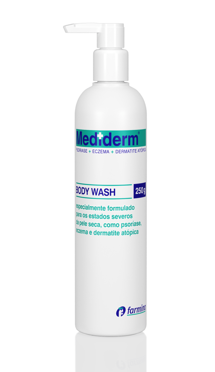 Mediderm® BODY WASH Frasco branco com doseador de pump de Body Wash Mediderm 250g para pele seca e dermatite