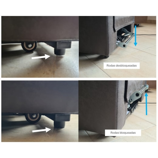 EVOLUXION SOFA ELE. EVOSOFY EV2002-R PACIFIC 2M C/RODAS Base de móvel com rodas e mecanismo de bloqueio, etiquetas em português mostram estado das rodas.