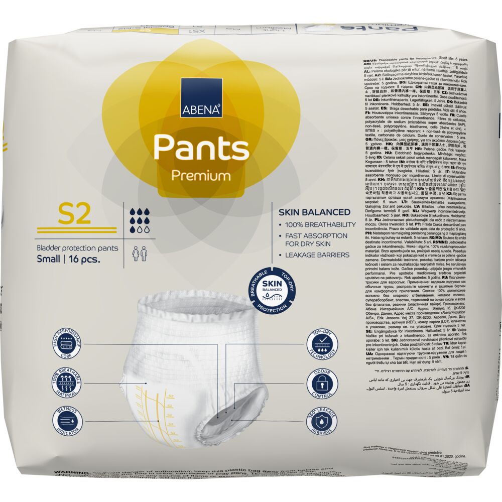 Abena Pants tamanho S2 Pacote branco de fraldas Abena Pants Premium S2 Small com texto e imagem do produto