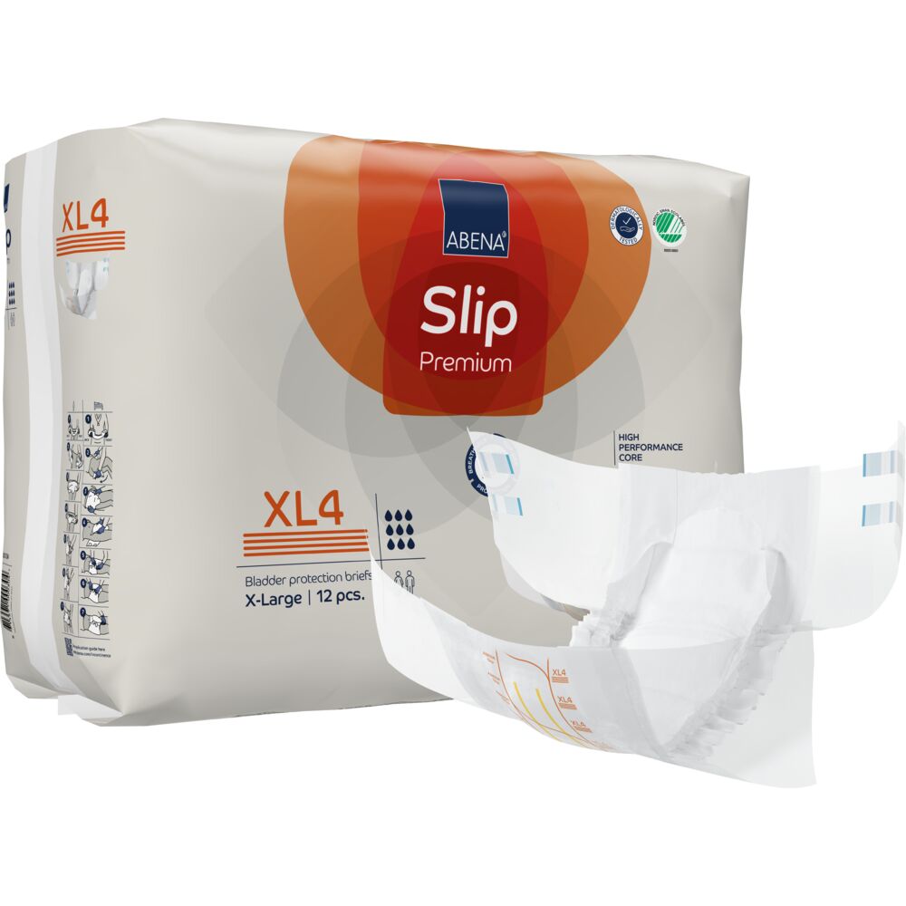 Abena Slip tamanho XL4 Pacote de fraldas de proteção Abena Slip Premium XL4 e uma fralda aberta ao lado.
