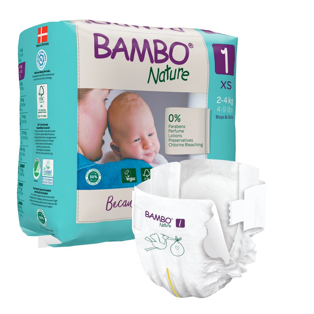 Bambo Nature Fraldas T1 Pacote de fraldas Bambo Nature tamanho XS e uma fralda branca para bebé