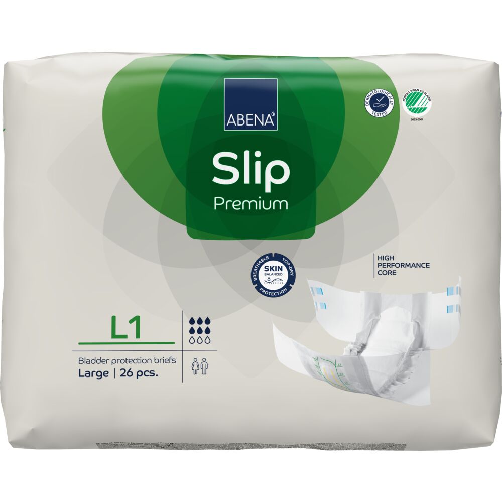 Abena Slip tamanho L1 Embalagem branca e verde de fraldas para incontinência Abena Slip Premium L1 Large, 26 unidades