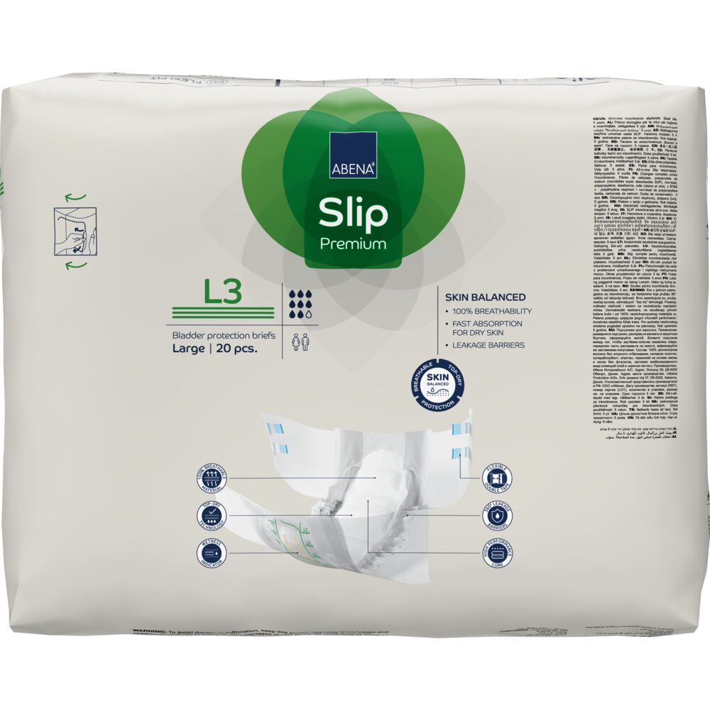 Abena Slip tamanho L3 Pacote branco e verde de absorventes Abena Slip Premium Large L3 com 20 peças