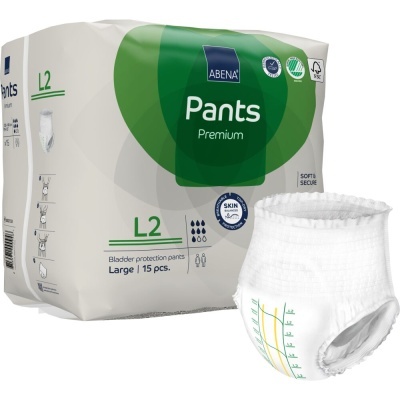 Pacote de fraldas absorventes Abena Pants Premium tamanho Large L2 com uma fralda ao lado