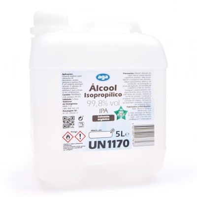 Frasco de plástico branco de 5L com álcool isopropílico e rótulo detalhado em português