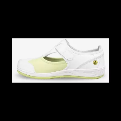 Sapato tipo mocassim branco e amarelo claro com sola antiderrapante e fecho de velcro